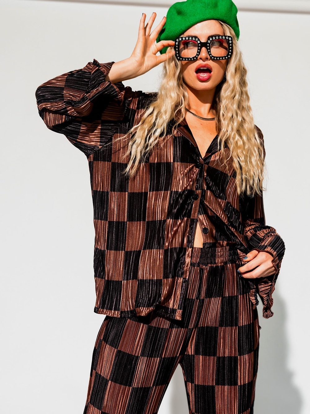 Dressed in LALA Long Sleeve Plissé Set in Mocha + Black Checkerboard - L